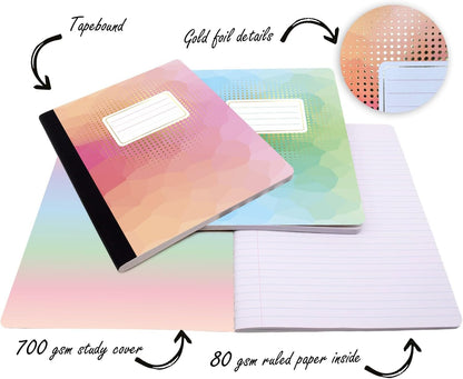 Jainzy Composition Notebooks, 3 Pack with 50 Motivational Stickers,College Ruled, 9.7 x 7.5 inches, 140 Pages, Gold Foil Details