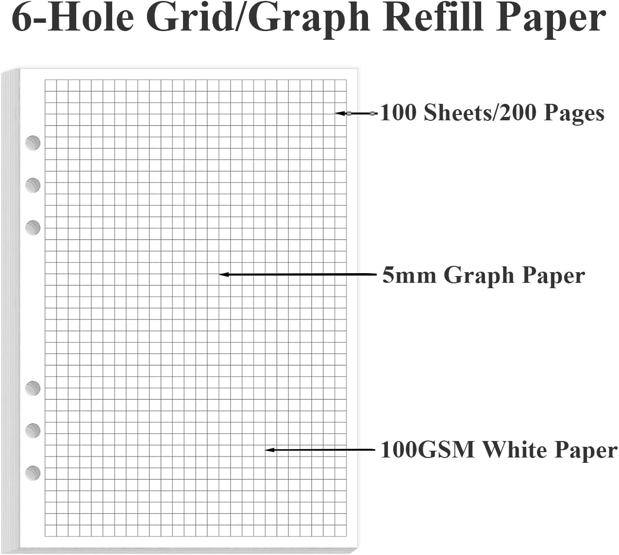 A5 Grid Refill Paper, 6-Hole Graph Paper, 100Sheets / 200Pages Loose-Leaf Grid Paper, 100gsm White Paper, 5.8" x 8.3 "