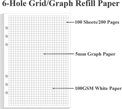 A5 Grid Refill Paper, 6-Hole Graph Paper, 100Sheets / 200Pages Loose-Leaf Grid Paper, 100gsm White Paper, 5.8" x 8.3 "