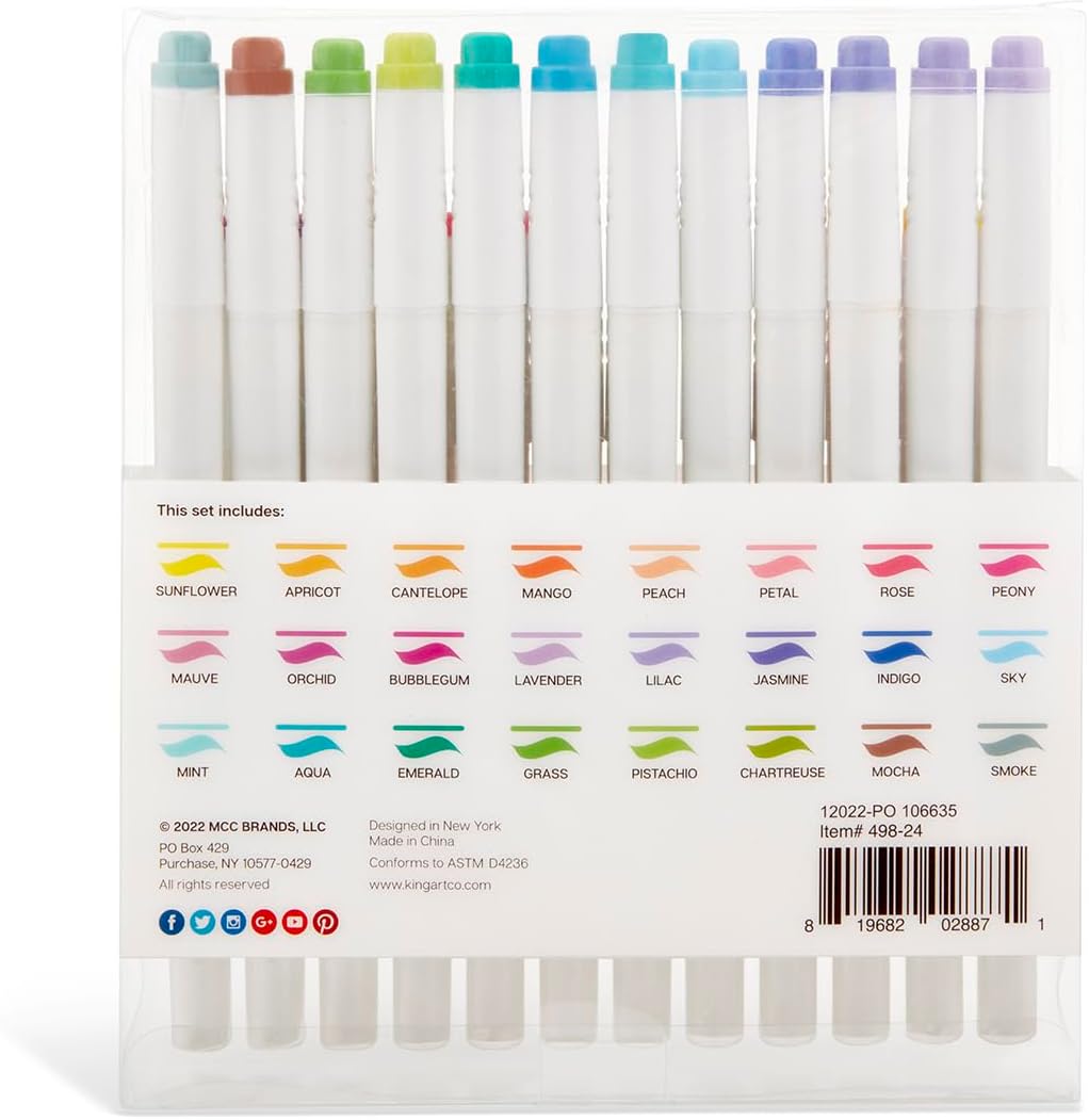 KINGART Studio Twin-Tip Highlighters (24 Unique Soft Pastel Colors). Double-Ended: Broad Chisel & Fine Tips. Quick-Dry, No-Bleed Water-Resistant Ink for Journaling/Art.