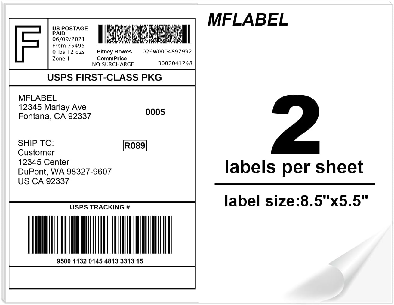 MFLABEL Half Sheet Shipping Labels - 200 Self Adhesive Sticker Sheets for Laser & Inkjet Printers, Waterproof & Smudge-Free, with 12 Free Fragile Labels for Packaging, Shipping and Crafting - Colors A