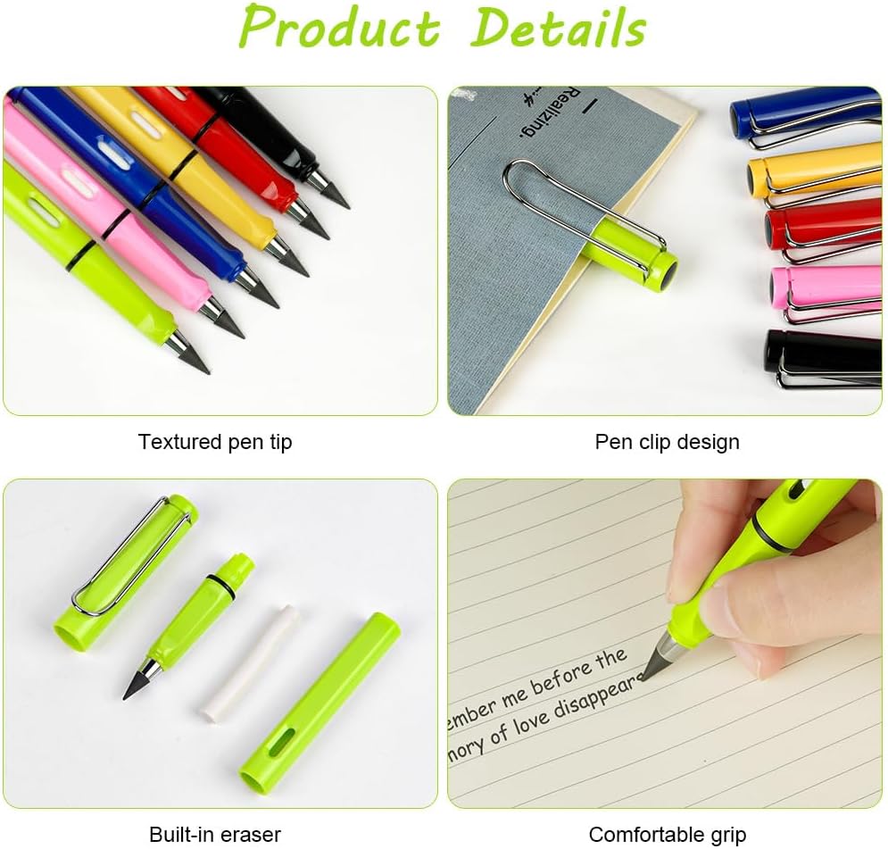 Ainiv Inkless Pencil with Eraser - 5 Sets Infinity Pencil, Reusable with Extra 5 Eraser & 5 Replaceable Nibs for Home, Office & School Writing, Drawing