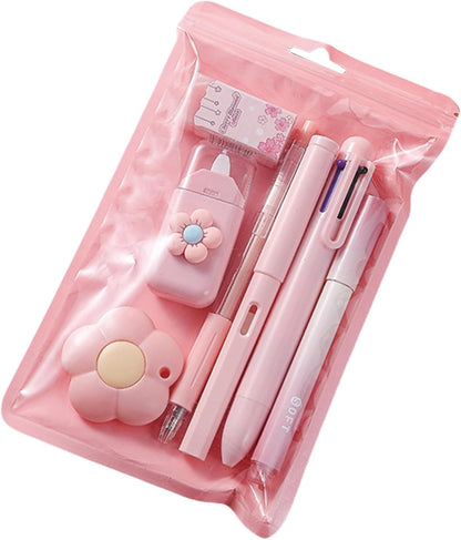 7 Pcs Cute Blue Stationery Set Kawaii School Supplies Office Supplies Including Ballpoint Pens Pencil Sharpener Highlighter Correction Tape Ruler Utility Knife (Blue)