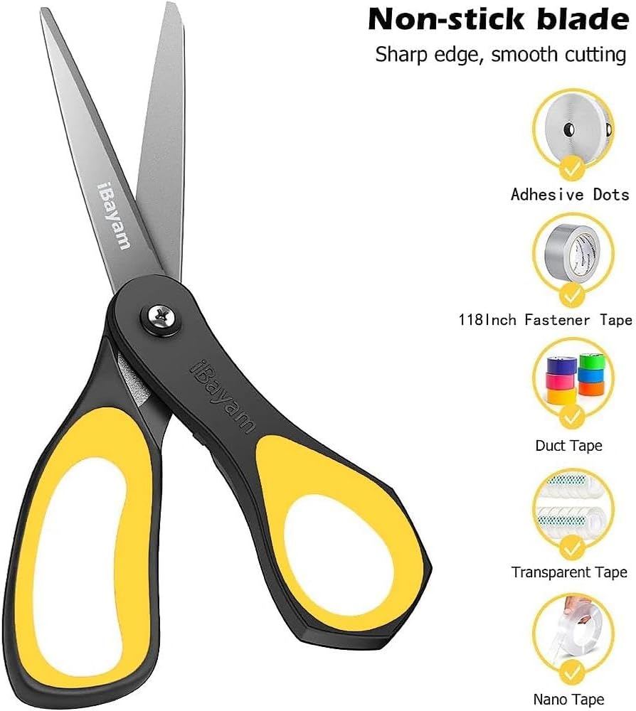 Scissors, iBayam 8" All Purpose Scissors Bulk 3-Pack, Ultra Sharp 2.5mm Thick Blade Shears Comfort-Grip for Aesthetic Fun Cute School Office Teacher Desk Crafts and Art Supplies Accessories Essential
