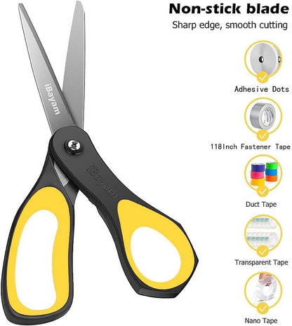 Scissors, iBayam 8" All Purpose Scissors Bulk 3-Pack, Ultra Sharp 2.5mm Thick Blade Shears Comfort-Grip for Aesthetic Fun Cute School Office Teacher Desk Crafts and Art Supplies Accessories Essential
