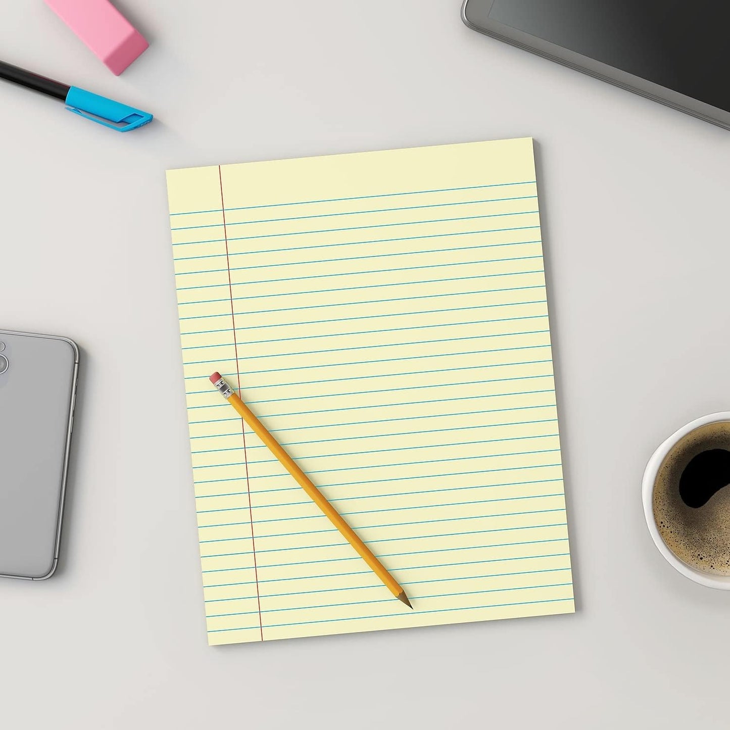 STAPLES Glue‑Top Notepad, 8.5” x 11”, Wide Ruled, Canary, 12‑Pack