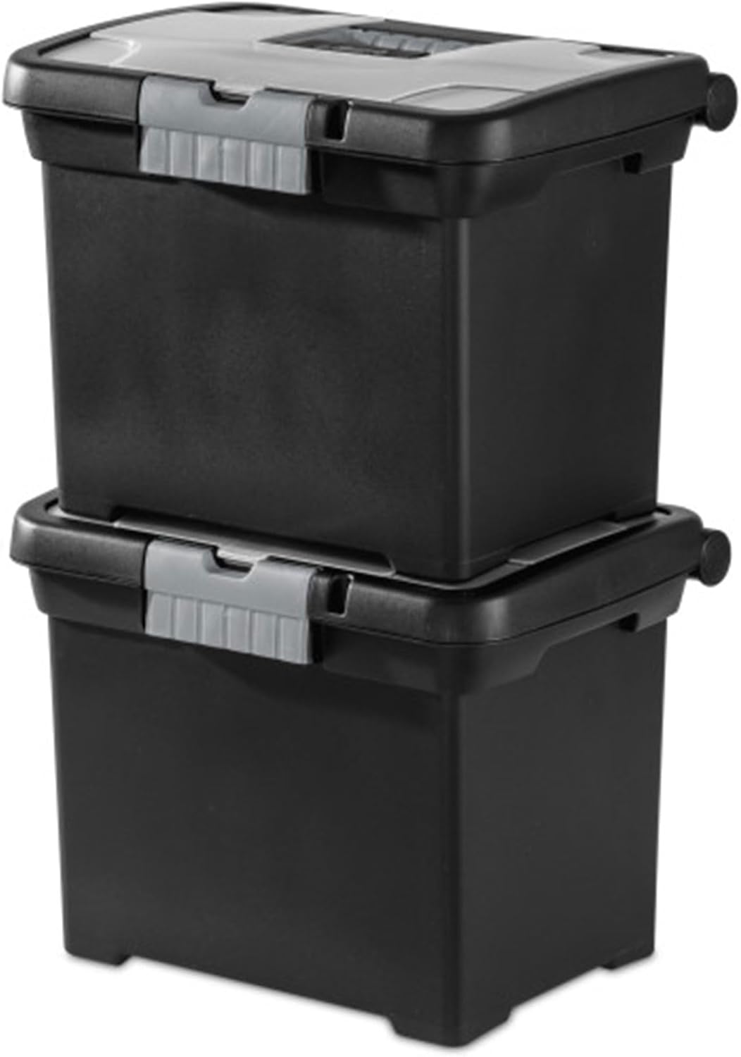 Sterilite 4-Pack Portable File Box, Stackable Container for Letter Hanging Folders, Black - Paper Document Plastic Storage Organizer with Latching Lid for Home, Office, and Dorm Organization