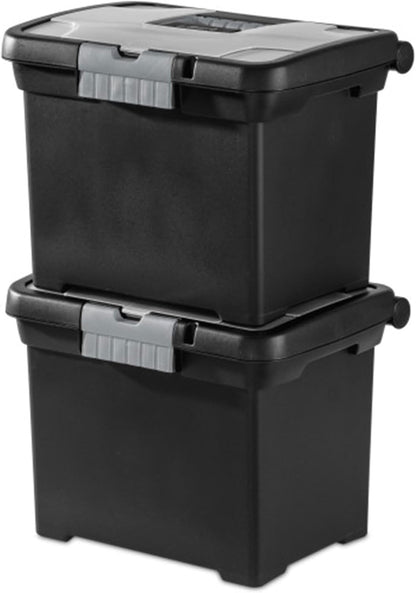 Sterilite 4-Pack Portable File Box, Stackable Container for Letter Hanging Folders, Black - Paper Document Plastic Storage Organizer with Latching Lid for Home, Office, and Dorm Organization