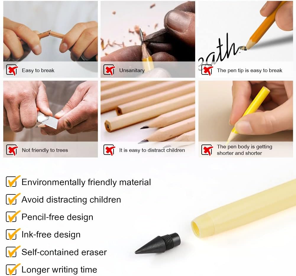 HOTUT Inkless Pencil - 4pcs Everlasting Wooden Infinity Pencil, Wood-Cased Graphite Reusable for Writing Drawing, Students Home Office School Supplies