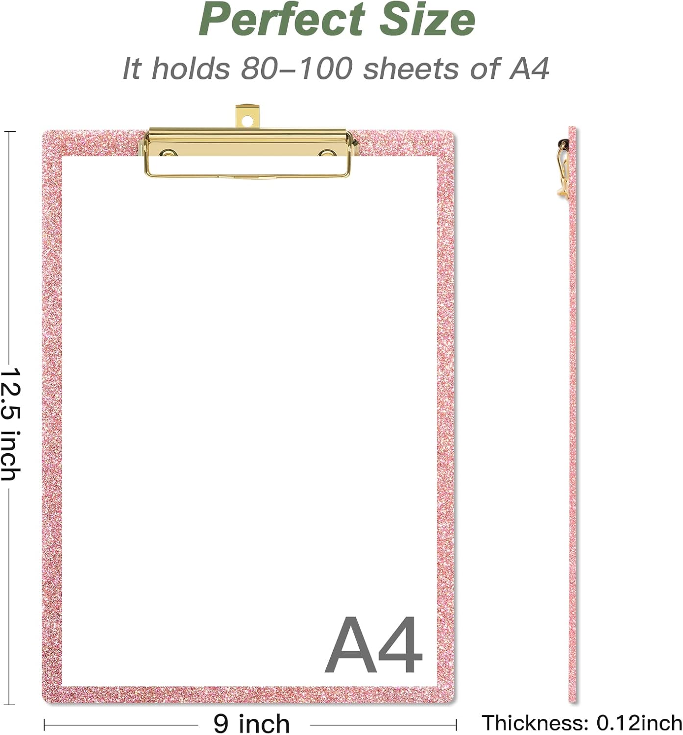 Rimilak Acrylic Glitter Clipboards, Sparkly Board with Low Profile Gold Clip, Designed for Classroom School and Office Use, A4 Letter Size 9 x 12.5 in, Pink
