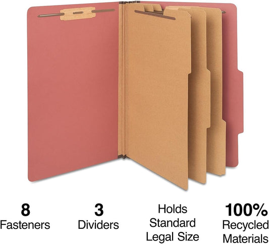 Staples Pressboard Classification Folders, Legal Size, 3‑Dividers, 3.5" Expansion, Brick Red, Heavy‑Duty Construction – 40/Carton
