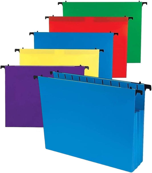 1InTheOffice Poly Expanding Hanging File Folders Letter Size, Hanging File Pocket, File Cabinet Dividers, Assorted, 5/Pack