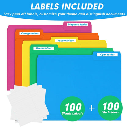 RAZCC File Folders, 100-Pack, 1/3 Cut, Letter Size, Yellow, Great for Organizing and Easy File Storage
