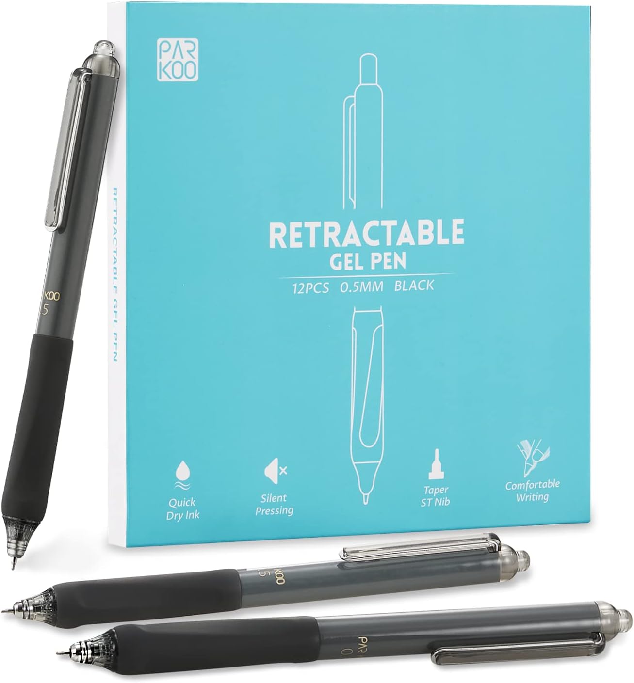 ParKoo Gel Pens Quick Dry Ink Fine Point 0.5mm, Retractable Rolling Ball 6 Black/6 Blue Ink Pen, Click Silent Pens Set for Journaling Notetaking Drawing Sketching Smooth Writing Non Bleed 12pcs
