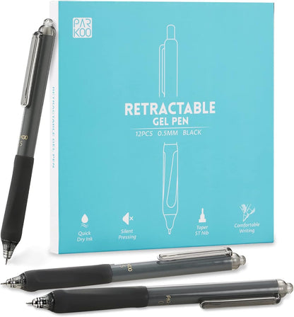 ParKoo Gel Pens Quick Dry Ink Fine Point 0.5mm, Retractable Rolling Ball 6 Black/6 Blue Ink Pen, Click Silent Pens Set for Journaling Notetaking Drawing Sketching Smooth Writing Non Bleed 12pcs