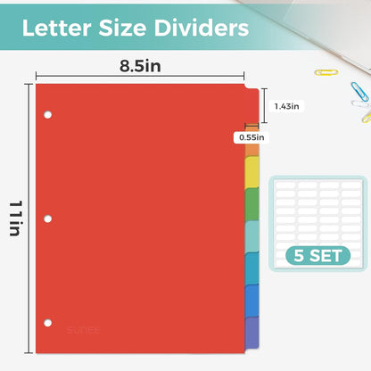 SUNEE 8 Tab Binder Dividers,Plastic Dividers for 3 Ring Binder,3 Ring Binder Dividers with Tabs for School Office Home Supplies,Bright Color, 1 Set