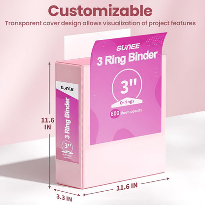 SUNEE 3 Ring Binder 3 Inch 2 Pack, Clear View Binder Three Ring PVC-Free (Fit 8.5x11 Inches) for School or Office Supplies, Pink