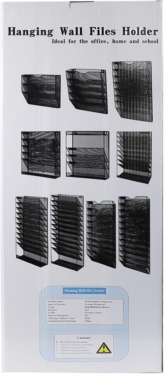 1 Pocket Mesh Wall File Holder Organizer Office Hanging File Folder Magazine Rack, Nametag Label Hooks Set Included (Black)