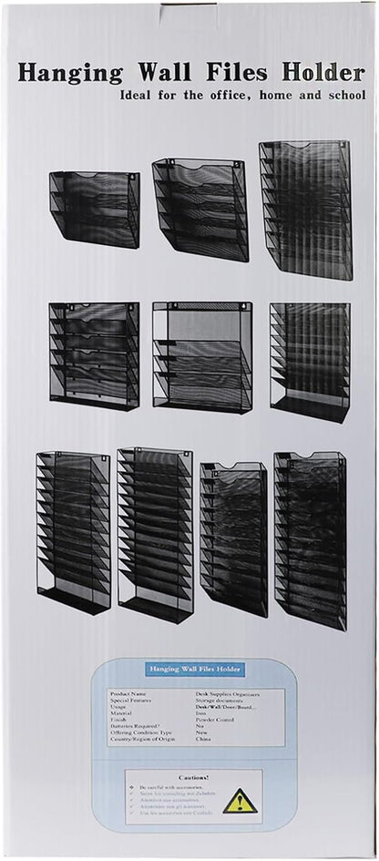 1 Pocket Mesh Wall File Holder Organizer Office Hanging File Folder Magazine Rack, Nametag Label Hooks Set Included (Black)