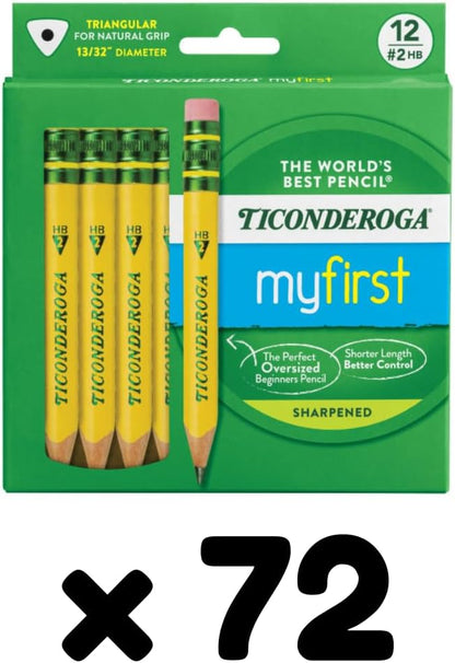 Ticonderoga My First Half-Size Wooden Pencils, Large Triangle-Barrel Pre-Sharpened #2 (HB) Short 4.5" Yellow Pencils with Erasers, Yellow, 12/Pack