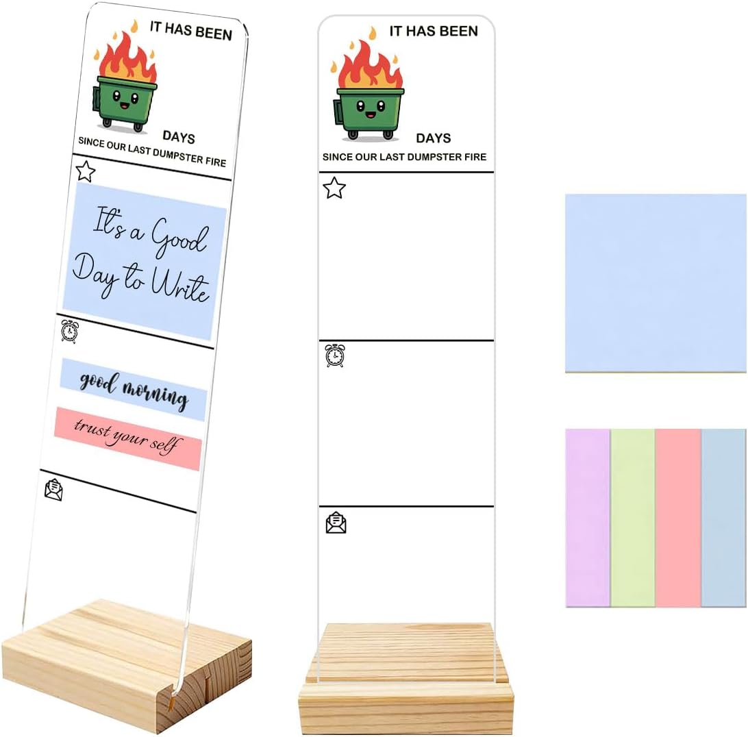 Sticky Notes Monitor Memo Board Acrylic Note Holder with Removable Wooden Base, Everything is Fine Logo Desk Set Includes 200 Sheets Two Sizes Sticky Notes, Office Desk Accessories Organizer