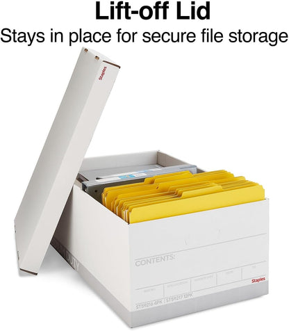 STAPLES Corrugated File Box Lift Off Lid, Letter/Legal Size, White/Black, 10/Pack