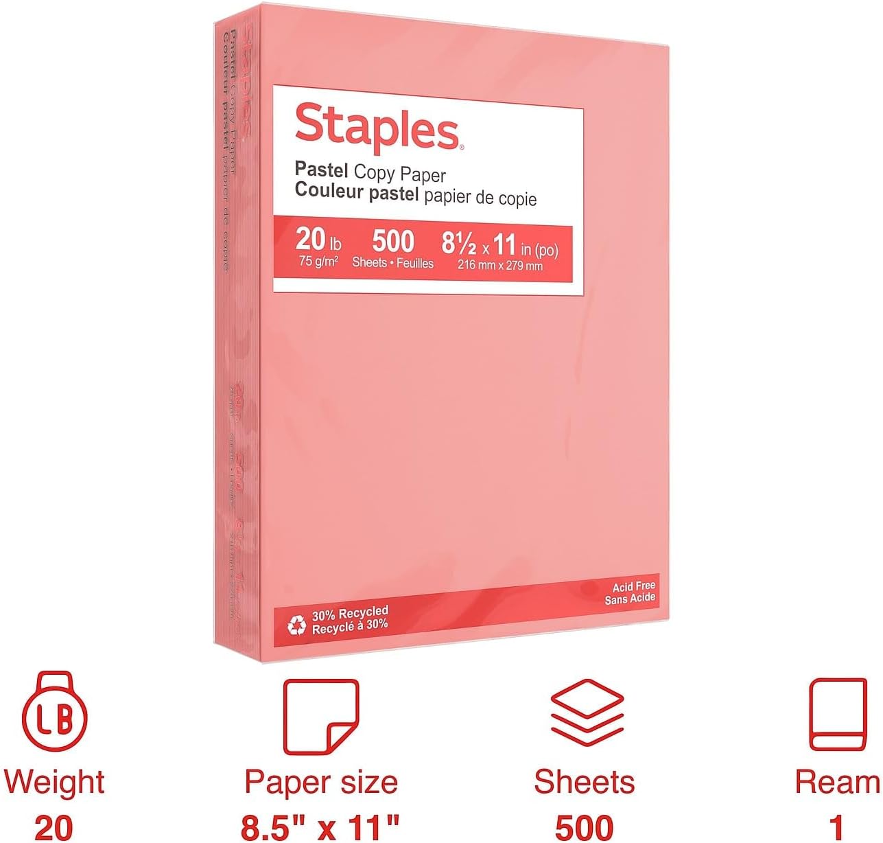 Staples Pastel Colored Copy Paper 8 1/2-Inch x 11-Inch Pink 500/Ream, For Office, School & Home