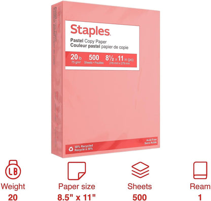 Staples Pastel Colored Copy Paper 8 1/2-Inch x 11-Inch Pink 500/Ream, For Office, School & Home