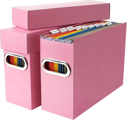File Organizer Box with Lid & Handle, Thickened Cardboard Hanging File Folder Storage Boxes for Letter Size, Portable Filing Organizer for Office, Home, Classroom, Pink 2 Pack
