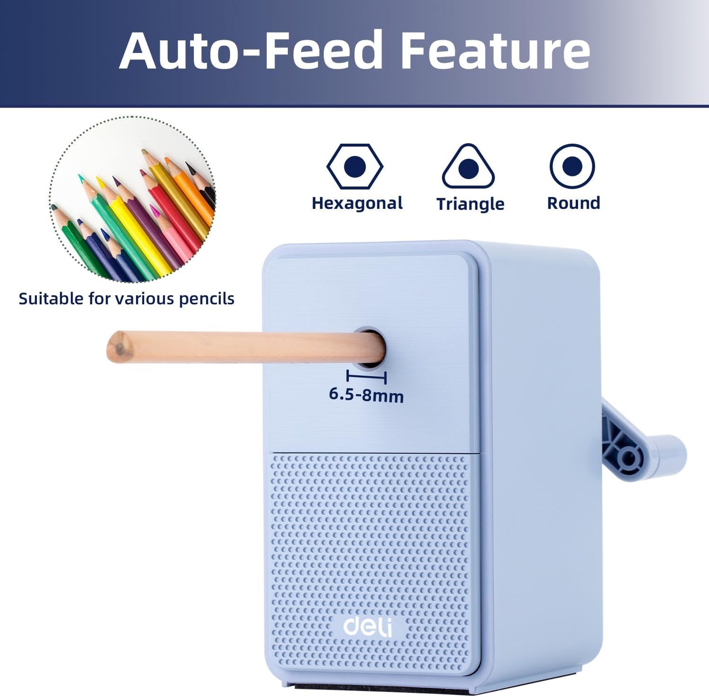 Deli Manual Pencil Sharpener - Auto-in Hand Crank with Adjustable Point for Colored Pencils, Kids, Students, Classroom, Home and Office, Brown