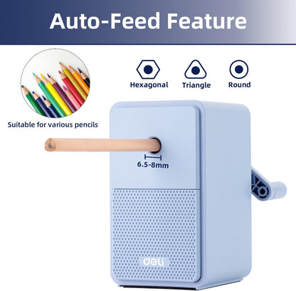 Deli Manual Pencil Sharpener - Auto-in Hand Crank with Adjustable Point for Colored Pencils, Kids, Students, Classroom, Home and Office, Brown