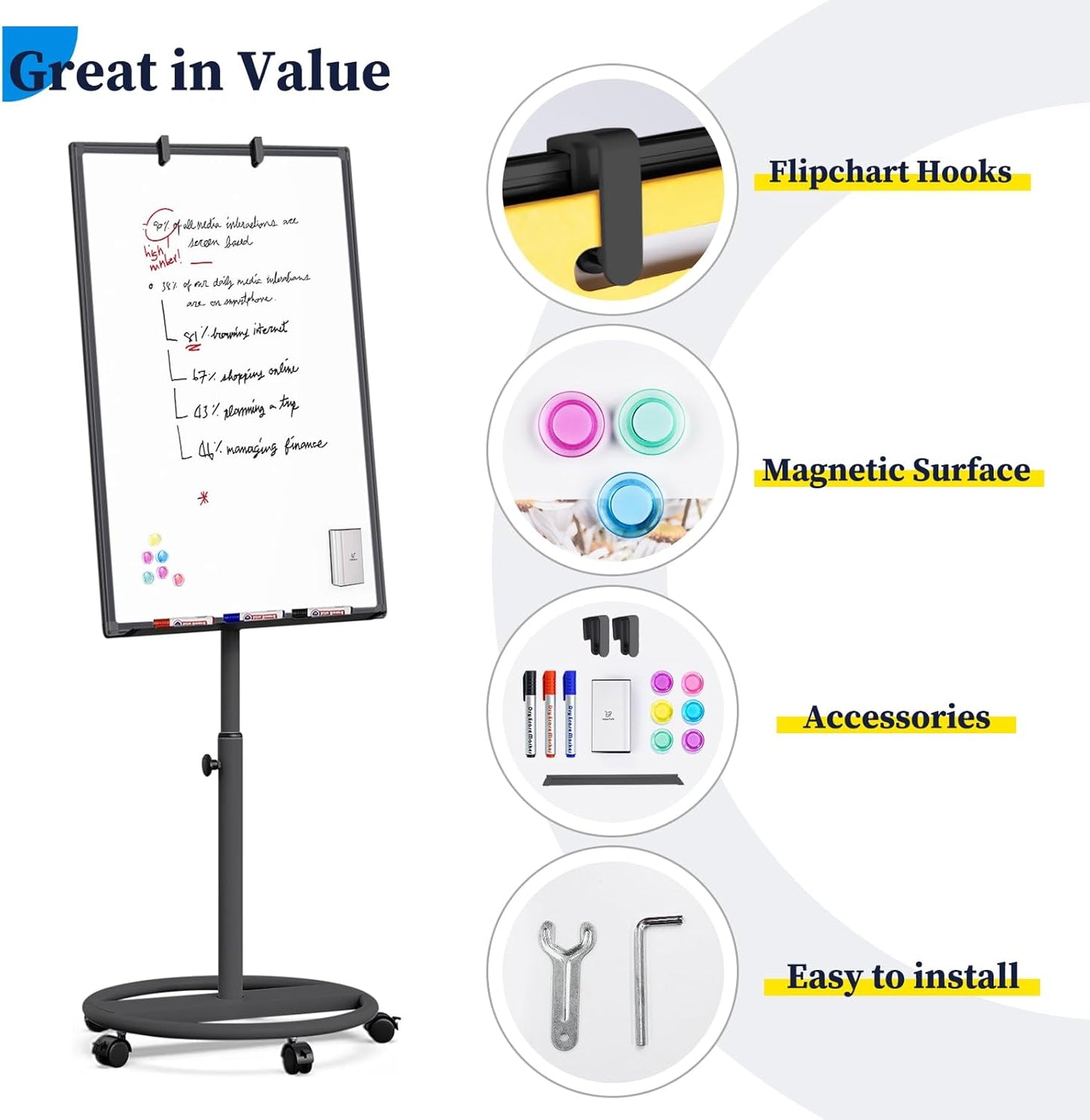 maxtek Mobile Dry Erase Board – 40x28 inches Magnetic Portable Whiteboard Stand Easel White Board Flipchart Easel Board with 25 Sheets Paper Pad for School Supplies