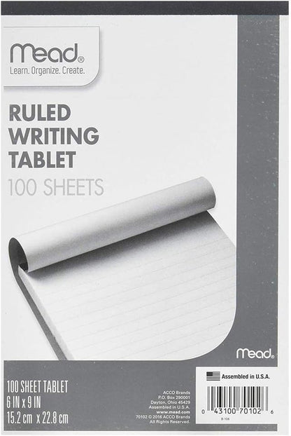 Mead : Writing Tablet,Top-bound,Ruled,20 lb.,6"x9",100 Sh,White -:- Sold as 2 Packs of - 1 - / - Total of 2 Each