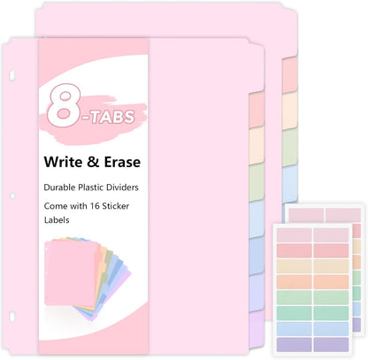 SKYDUE 8 Tab Durable Plastic Dividers, Big Tab Dividers for 3 Ring Binder, Letter Size,Write & Erase Binder Dividers with Tabs, with Sticker Labels, 1 Set, Aesthetic Pastels Binder Dividers