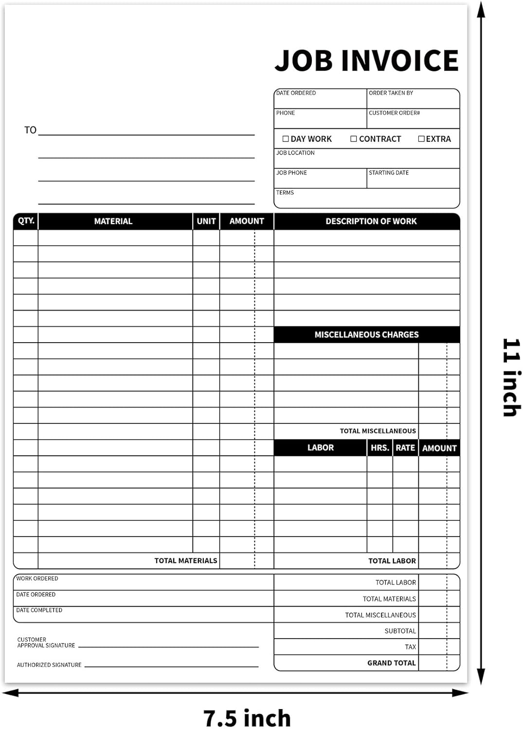 Carbonless Work Order Forms,7.5 x 11 inches Invoices for Small Business,Sales Order Book with Backing Board, 2-Part Receipt with Carbon Copy, 50 Sets