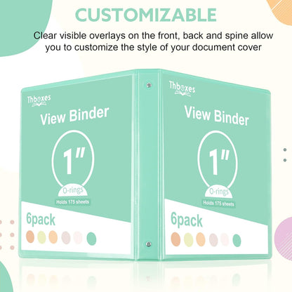 3 Ring Binder - 6 Pack, 1 Inch Binder with 2 Interior Pockets & Clear View Overlay, Large Capacity, Round Ring Binders for Office Supplies, School & Home (6 Colors)