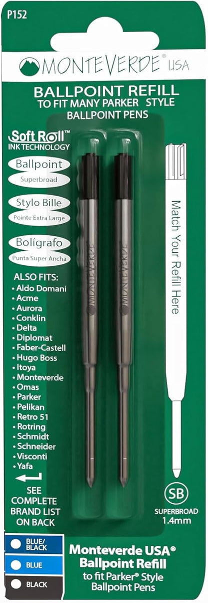 Monteverde Soft Roll Ballpoint Pen Refills to Fit Parker-Style Pens, Medium Point, Brown, 2-Pack, Smooth Writing Technology for Parker, Conklin, Schmidt, and More