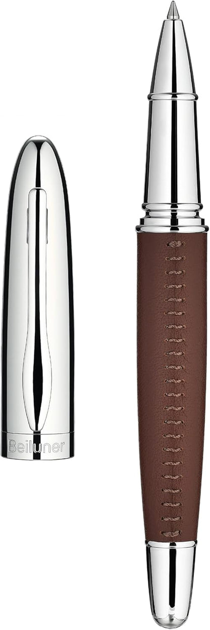 BEILUNER 318 Luxury Leather Pen, Hand-Stitched Premium Leather, Chrome-Plated Finish, Schmidt Ink Refill, Best Rollerball Pen Gift for Men & Women, Refillable, Executive Writing, Nice Pens