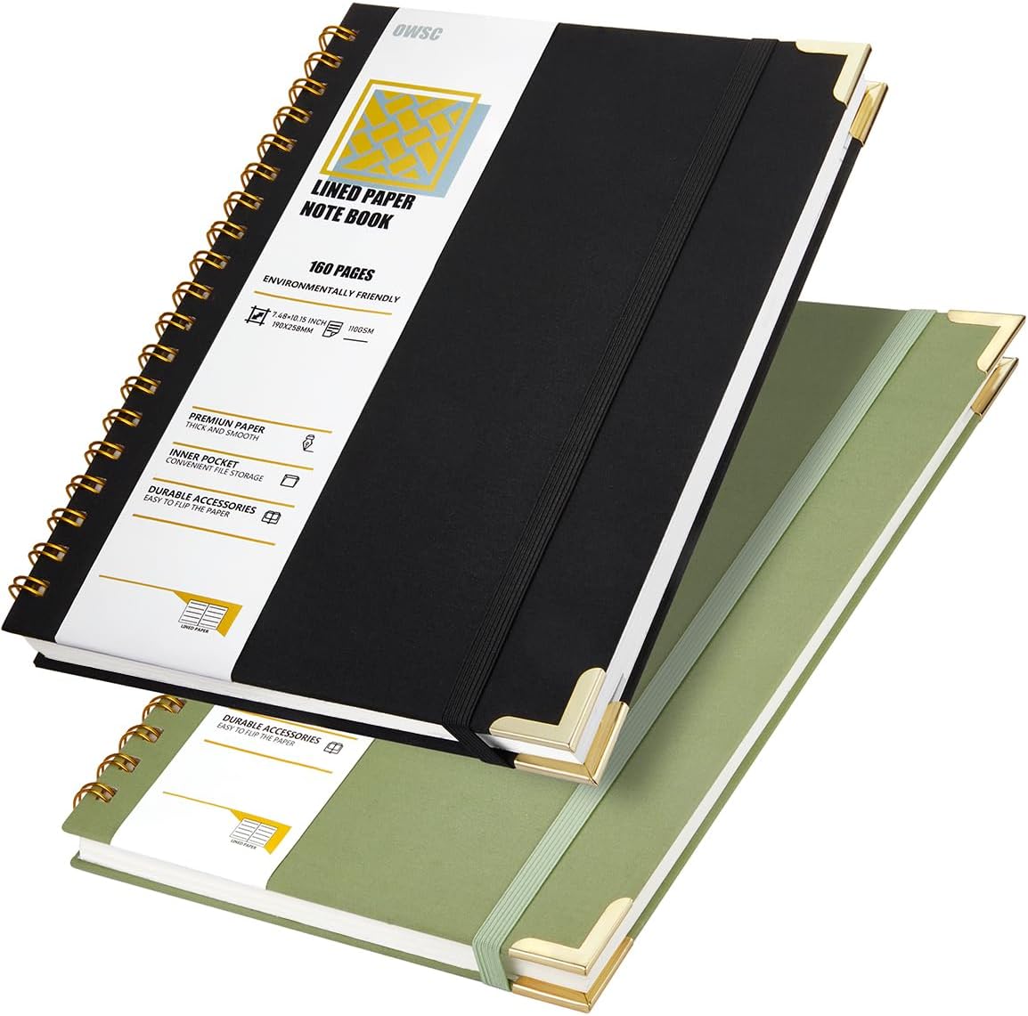 OWSC Lined Spiral Notebook with thick 110 GSM Papers, 320 Pages B5 Size College Ruled Notebook, Hardcover 7.1 x 10 Inches Journal for Women and Men, Notebooks for work, School (2 Pack B5 Grey Green)
