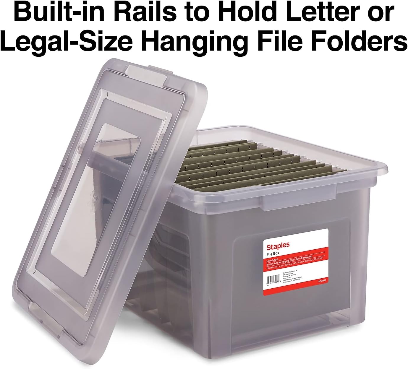 STAPLES File Folder Tote, Portable Filing Box for Letter SIze Hanging Folders, Security Latch & Built-In Lid Organizer, Black/Clear