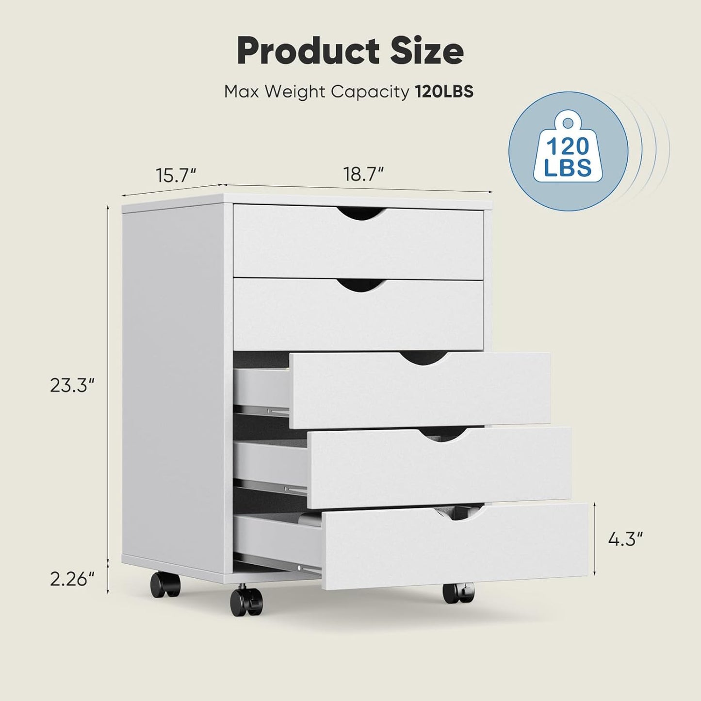OLIXIS 5 Drawer Mobile File Cabinet Under Desk Storage Organization with Wheels Vertical Filing Chest Rolling Wood Small Desk Printer Stand for Home Office, 15.75"D x 18.74"W x 25.39"H, Black