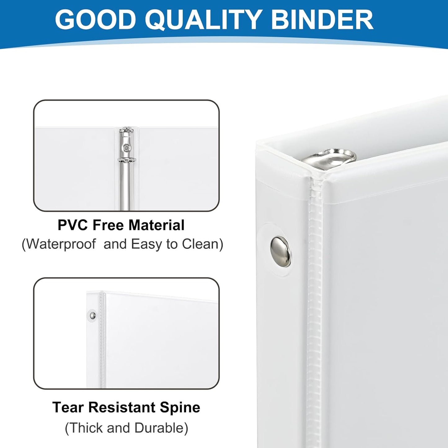 1/2 Inch 3-Ring Binder, 0.5-inch Round Ring Binder with 2 Inside Pockets, 12 Pack White Binders, Clear View CoverBinder Holds 8.5'' x 11''Paper for Office/Home/Back to School
