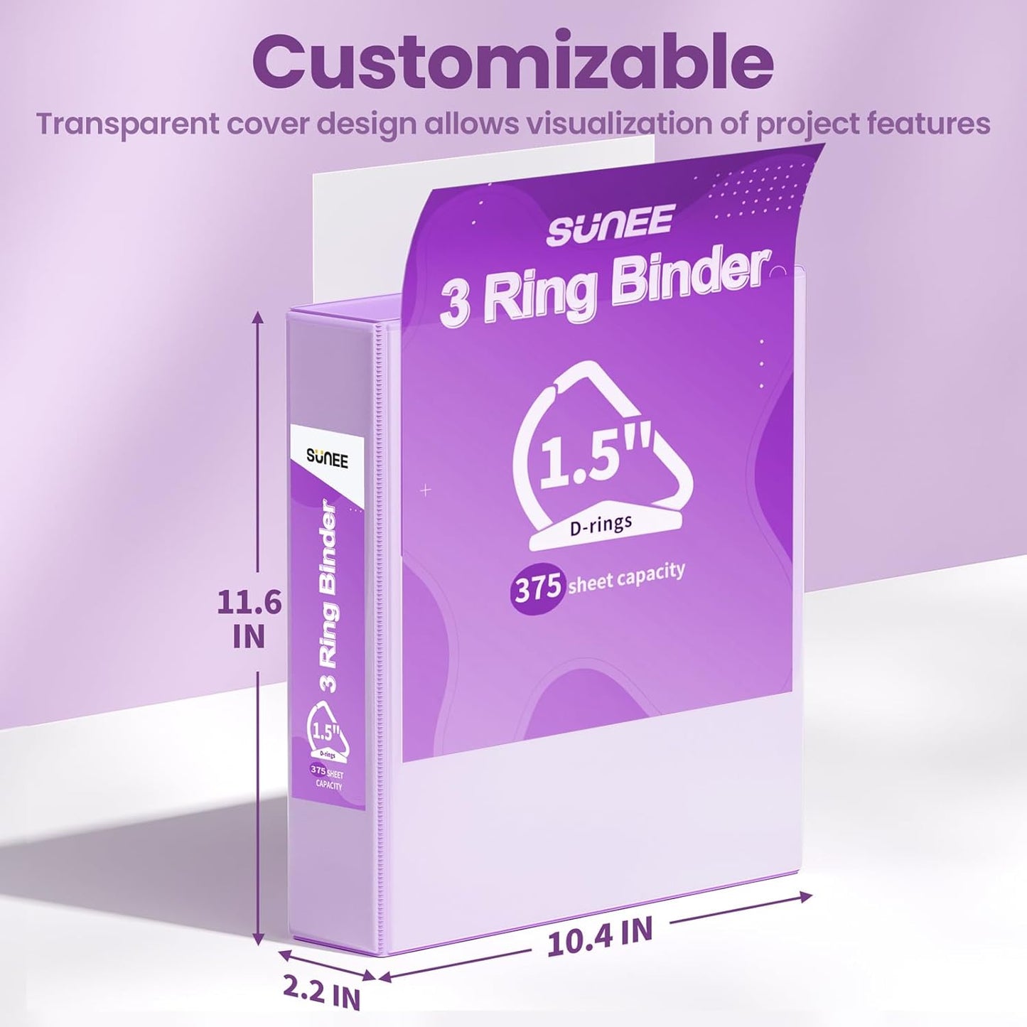 SUNEE 3 Ring Binder 2 Inch, Clear View Binder Three Ring PVC-Free (Fit 8.5x11 Inches) for School or Office Supplies, Light Purple, 1 Pack