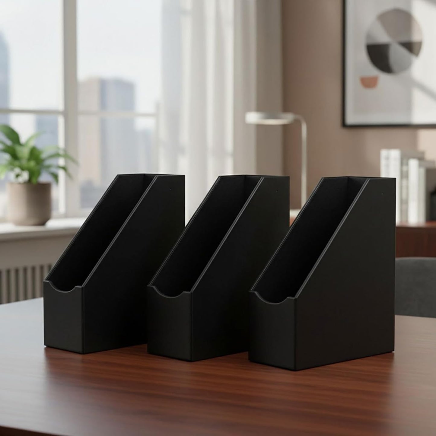 UnionBasic Magazine File Holder, Leatherette Desktop Document Organizer, Home Office Paper Holder File Storage Literature Sorter, Grey