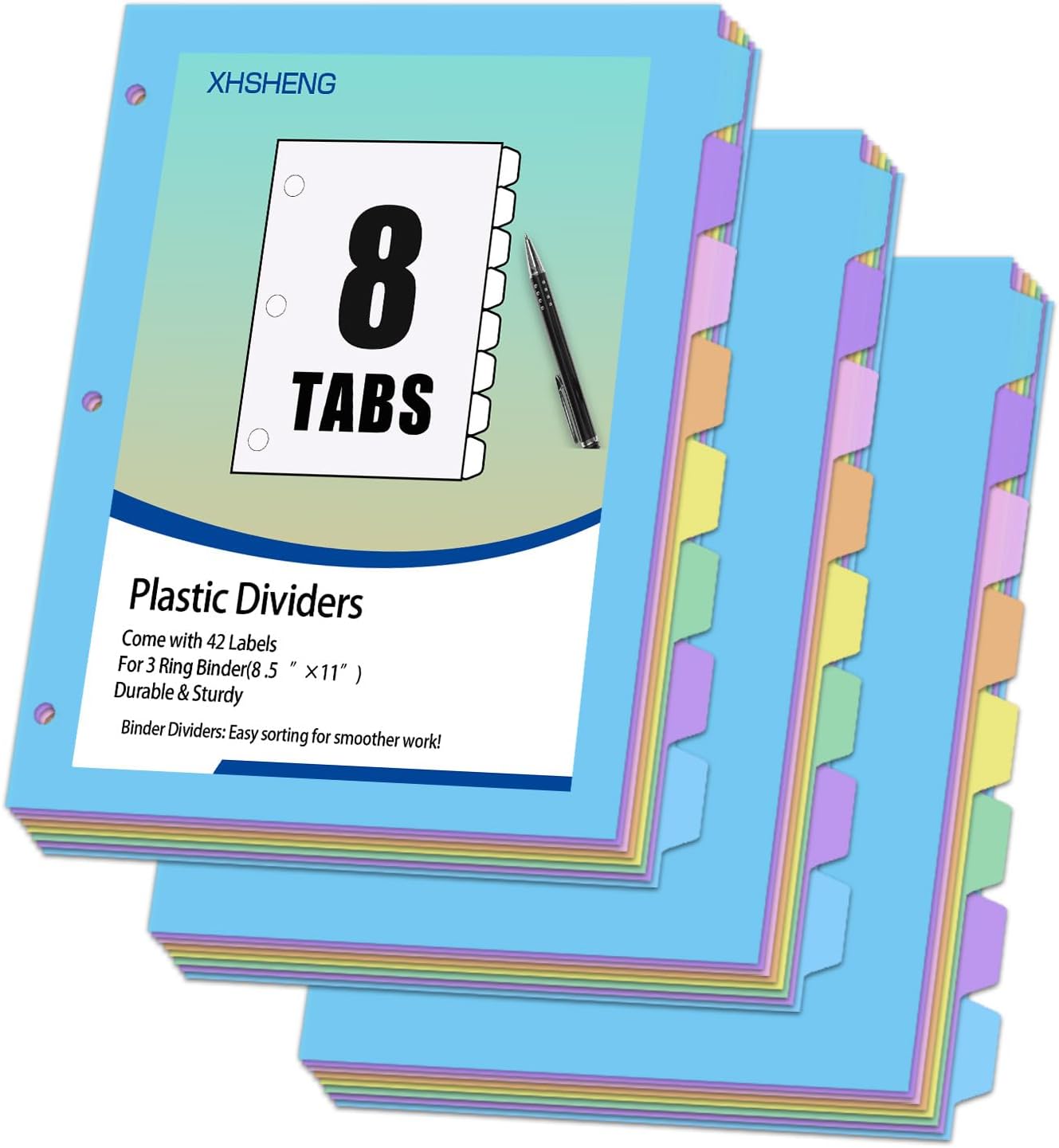 24Pcs/3 Sets Binder Dividers for 3 Ring Binder,8 Tab Binder Plastic Page dividers with Tab,8TAB Set,Multicolor