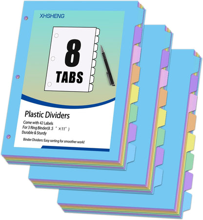 24Pcs/3 Sets Binder Dividers for 3 Ring Binder,8 Tab Binder Plastic Page dividers with Tab,8TAB Set,Multicolor