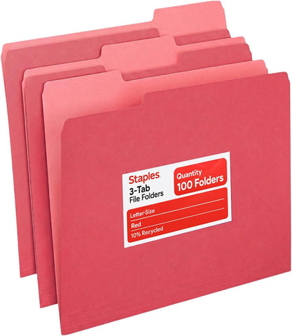 Staples File Folders, Letter Size, 1/3‑Cut Tabs, Purple, Durable 10.5‑Point Paper Stock, 100/Pack