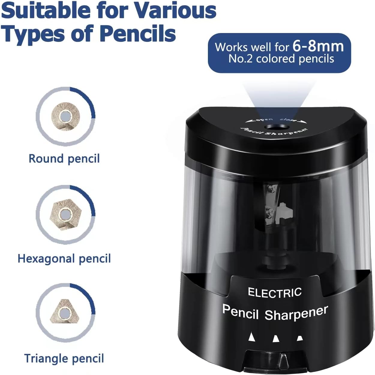 Electric Pencil Sharpener, Battery (Not Included) USB Powered, Portable for NO.2 Pencils, Automatic and Durable with 3 Sharpness Options - Classroom, Home, Office Black