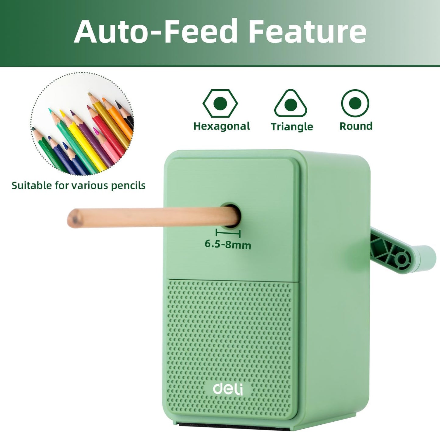 Deli Manual Pencil Sharpener - Auto-in Hand Crank with Adjustable Point for Colored Pencils, Kids, Students, Classroom, Home and Office, Brown