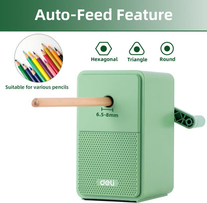 Deli Manual Pencil Sharpener - Auto-in Hand Crank with Adjustable Point for Colored Pencils, Kids, Students, Classroom, Home and Office, Brown